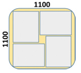 「1100×1100」パレットに平置き4個（回し積み）のせられるサイズ