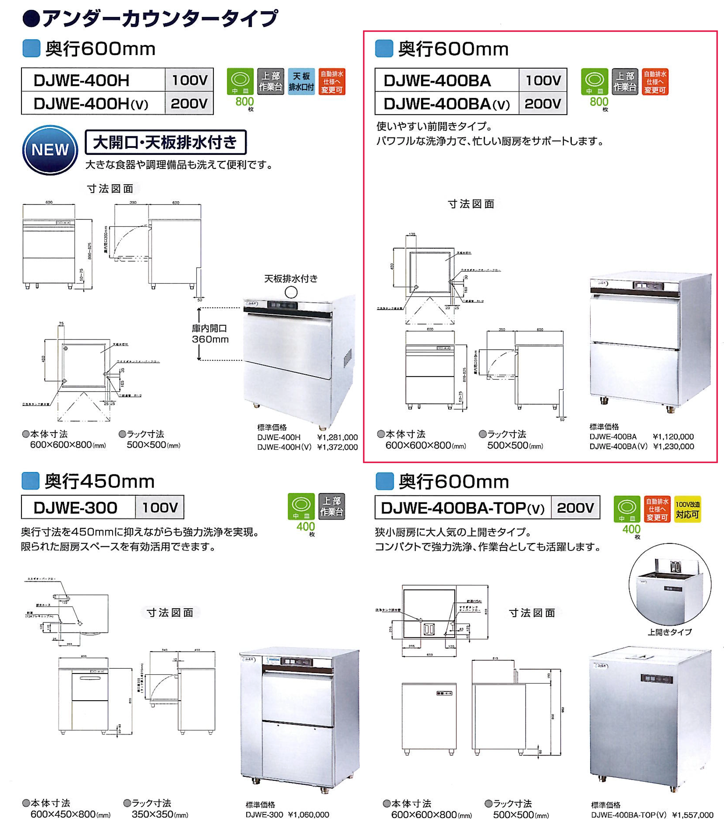 わたページ シェルパ】業務用食器洗浄機 DJWE-400F(V) アンダーカウンタータイプ