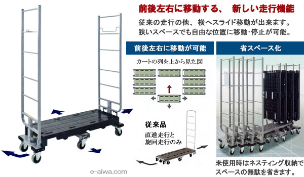 SSC-6-2は前後左右に移動する、新しい走行機能を備えた台車です。横へのスライド移動が出来るので、狭いスペースでも自由な位置に移動・停止が可能です。未使用時はネスティング収納でスペースの無駄を省きます。